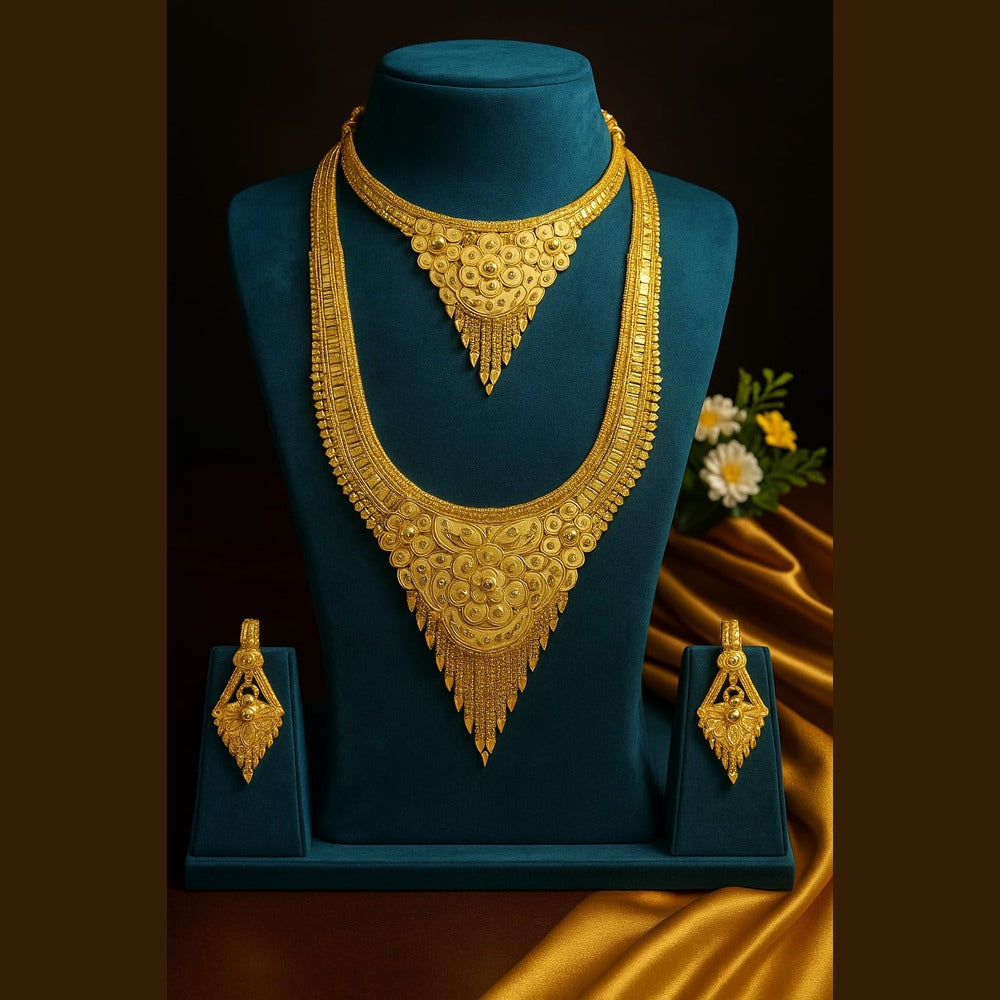 Exclusive Onegram Gold Heavy Ranihaar Double Necklace Set with Earrings | Bridal Long Temple-Style Design | Handmade Copper-Based