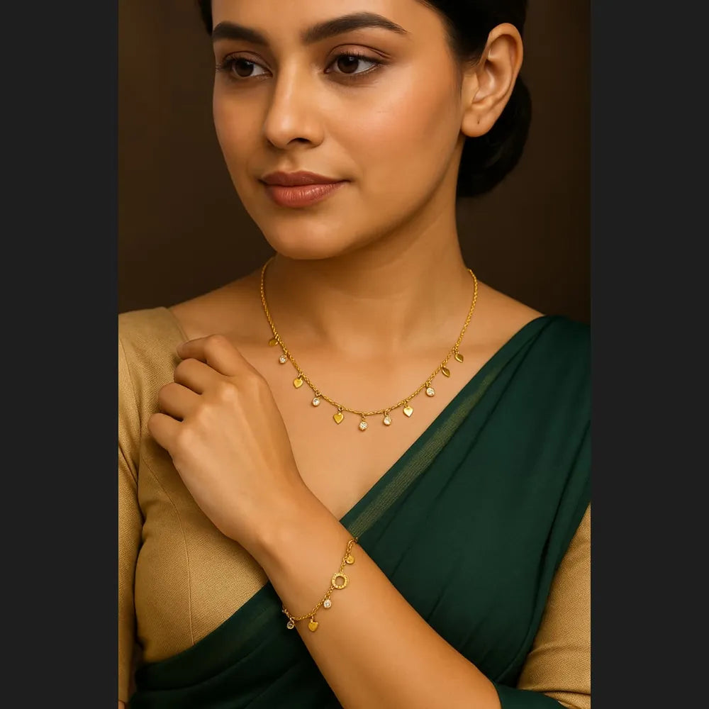 Gold Plated Necklace & Bracelet Combo – Heart & Crystal Charm Set