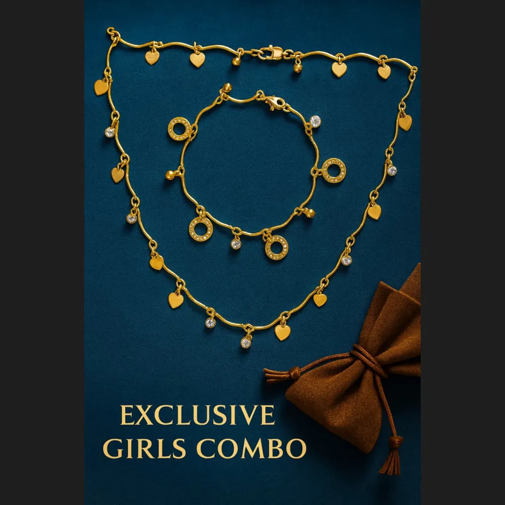 Gold Plated Necklace & Bracelet Combo – Heart & Crystal Charm Set