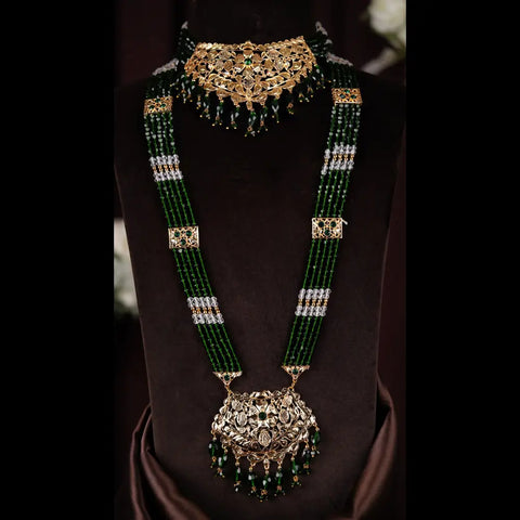 Bridal Kundan Jewellery Set | Green Beaded Necklace & Earrings