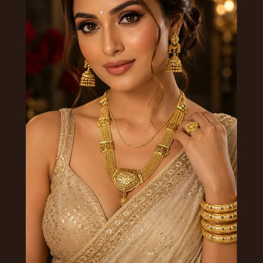 Premium Gold Plated Bridal Combo Jewellery Set with Necklace, Earrings, Bangles, Ring & Chain