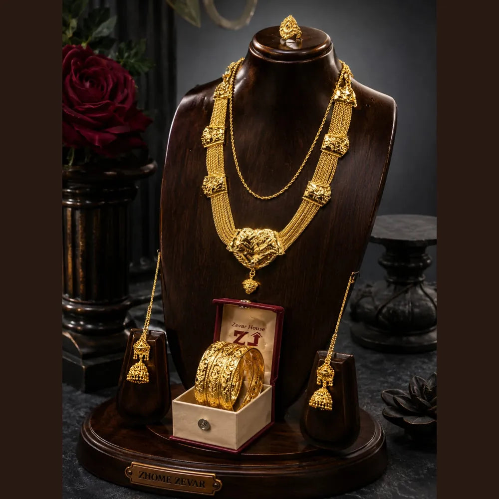 Premium Gold Plated Bridal Combo Jewellery Set with Necklace, Earrings, Bangles, Ring & Chain
