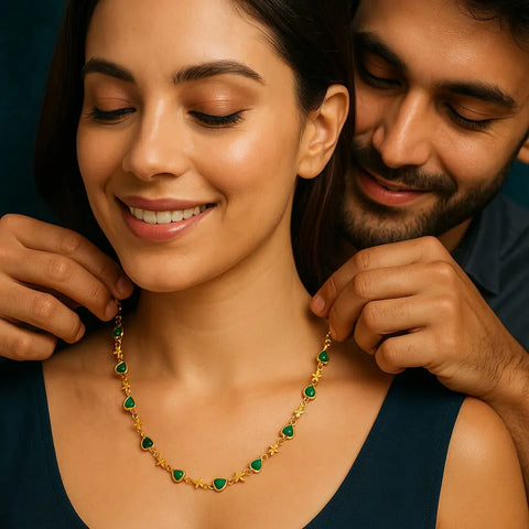 Elegant Green Stone Star Design Gold Plated Chain – 21 Inch Daily Wear