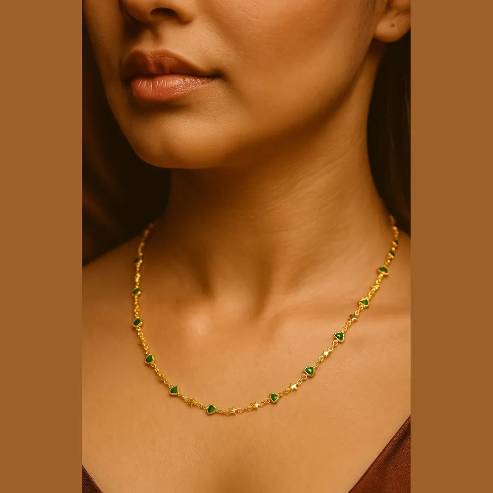 Elegant Green Stone Star Design Gold Plated Chain – 21 Inch Daily Wear