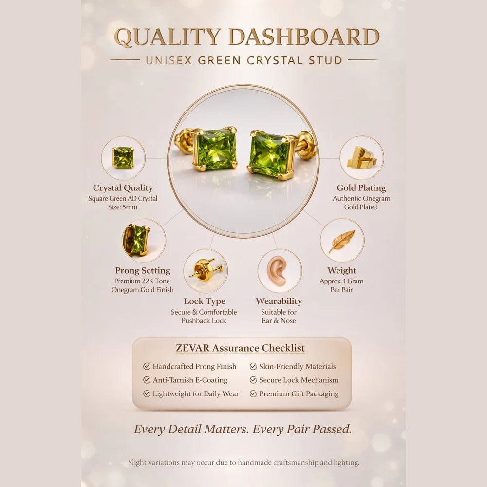 Green Crystal Stud Earrings for Men & Boys | 5mm Square AD Stone | Onegram Gold Plated Ear & Nose Stud