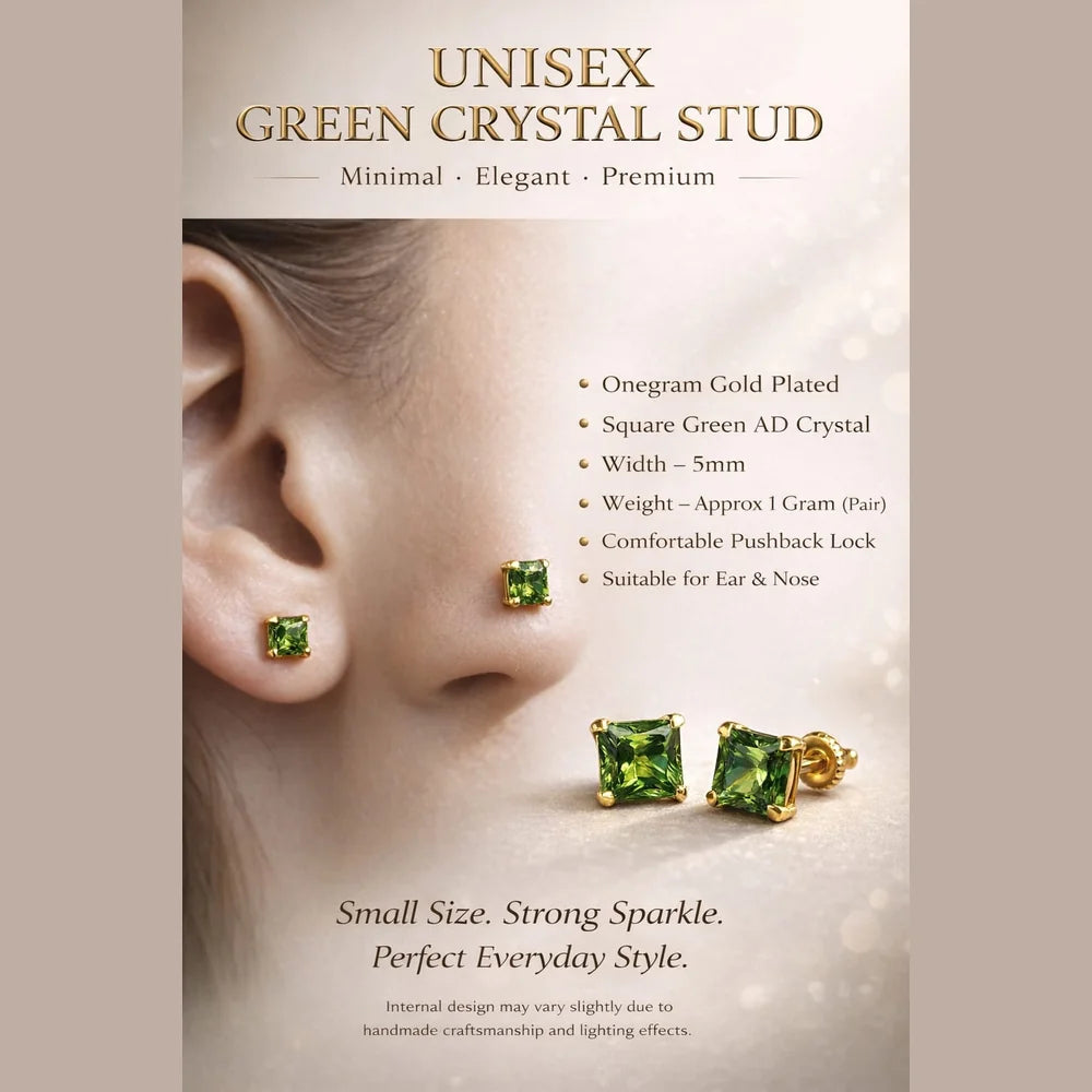 Green Crystal Stud Earrings for Men & Boys | 5mm Square AD Stone | Onegram Gold Plated Ear & Nose Stud