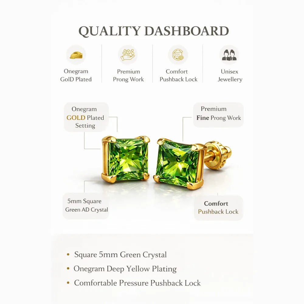 Green Crystal Stud Earrings for Men & Boys | 5mm Square AD Stone | Onegram Gold Plated Ear & Nose Stud