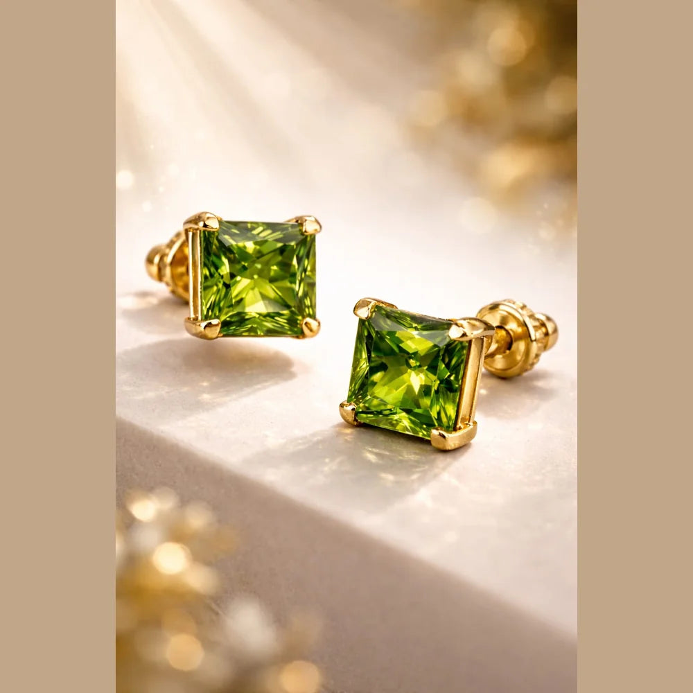 Green Crystal Stud Earrings for Men & Boys | 5mm Square AD Stone | Onegram Gold Plated Ear & Nose Stud