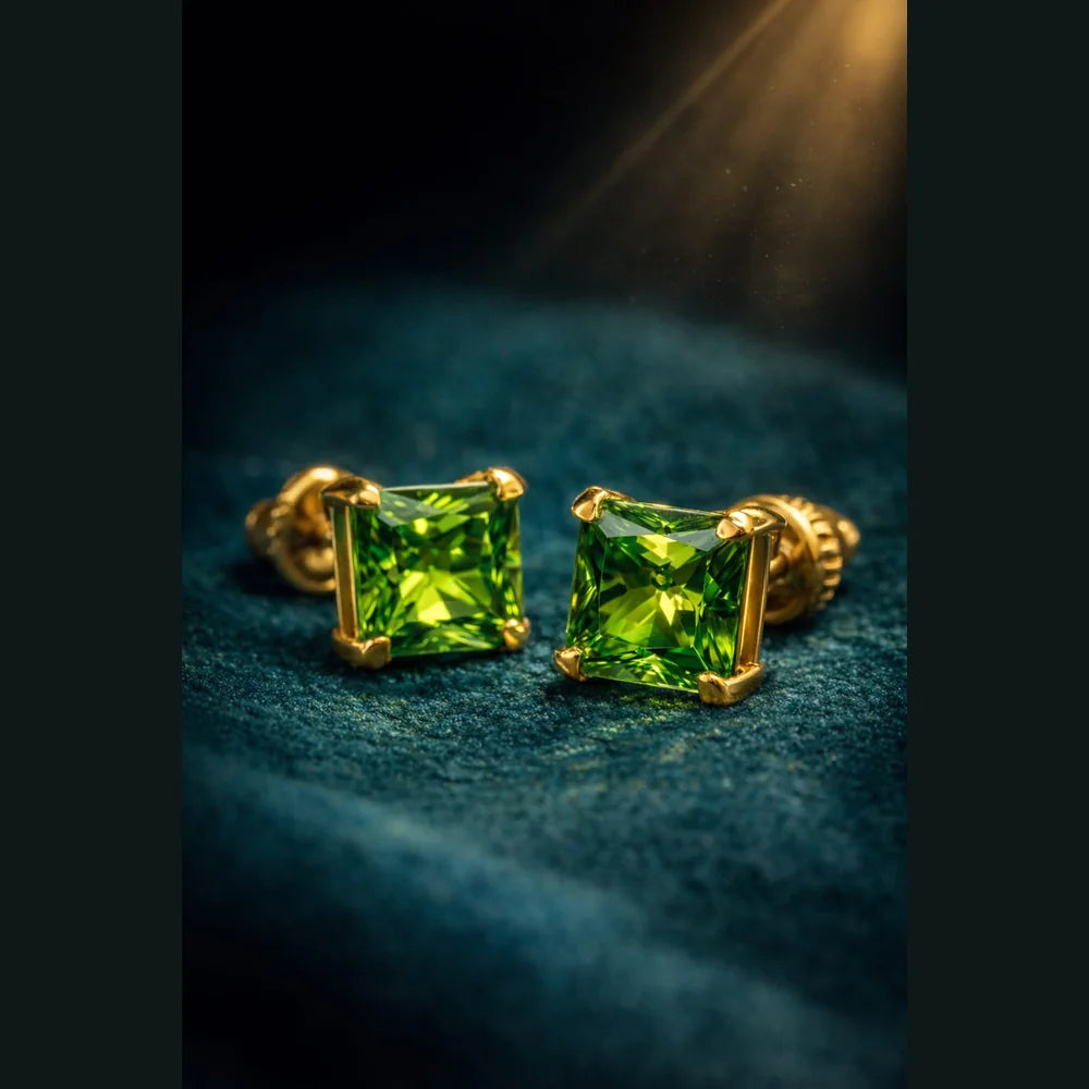 Green Crystal Stud Earrings for Men & Boys | 5mm Square AD Stone | Onegram Gold Plated Ear & Nose Stud