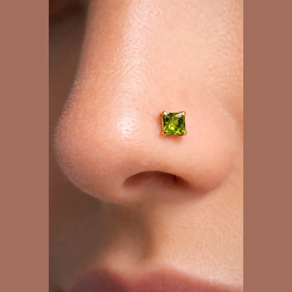 Green Crystal Stud Earrings for Men & Boys | 5mm Square AD Stone | Onegram Gold Plated Ear & Nose Stud