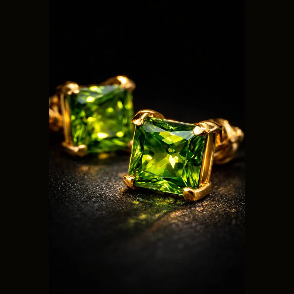 Green Crystal Stud Earrings for Men & Boys | 5mm Square AD Stone | Onegram Gold Plated Ear & Nose Stud