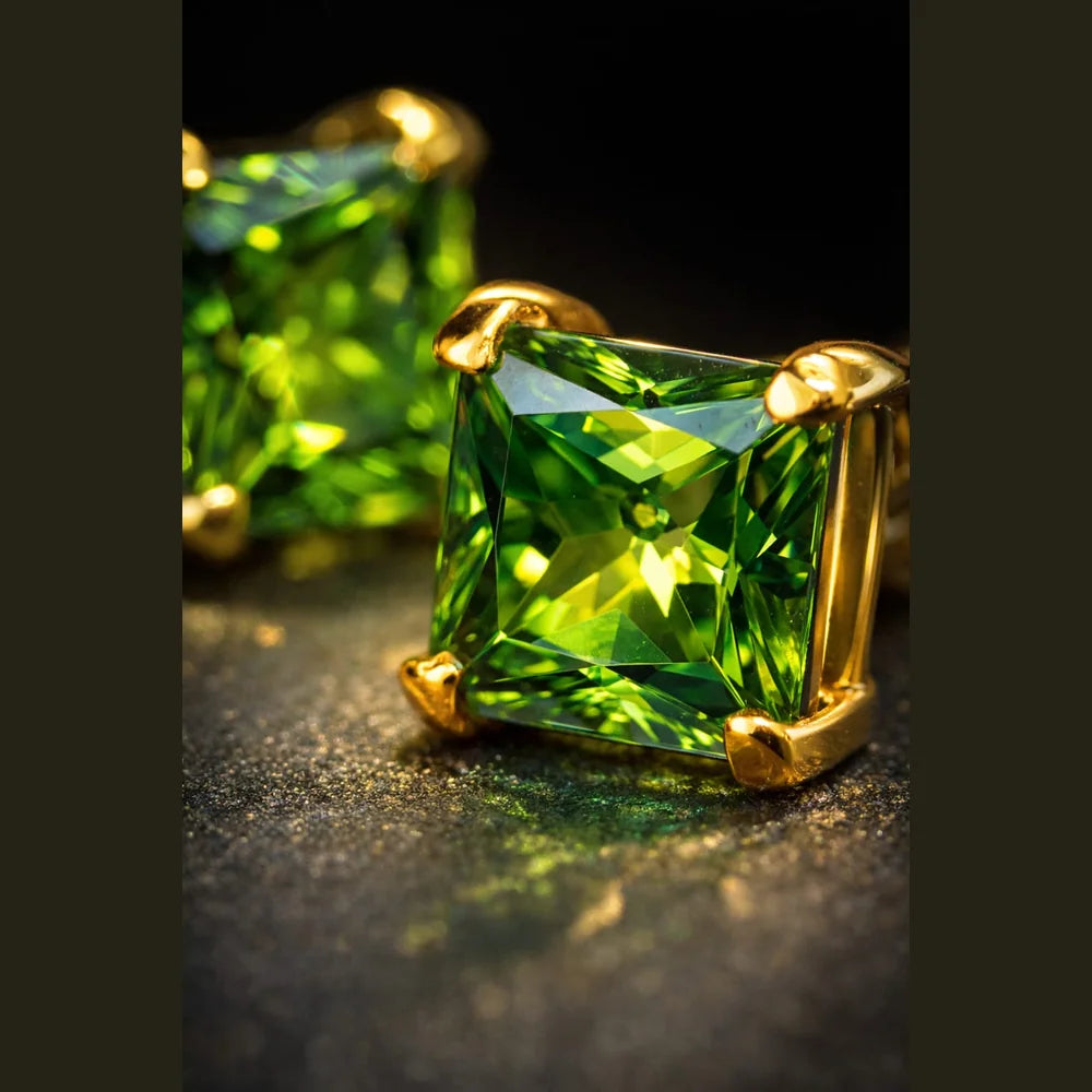 Green Crystal Stud Earrings for Men & Boys | 5mm Square AD Stone | Onegram Gold Plated Ear & Nose Stud