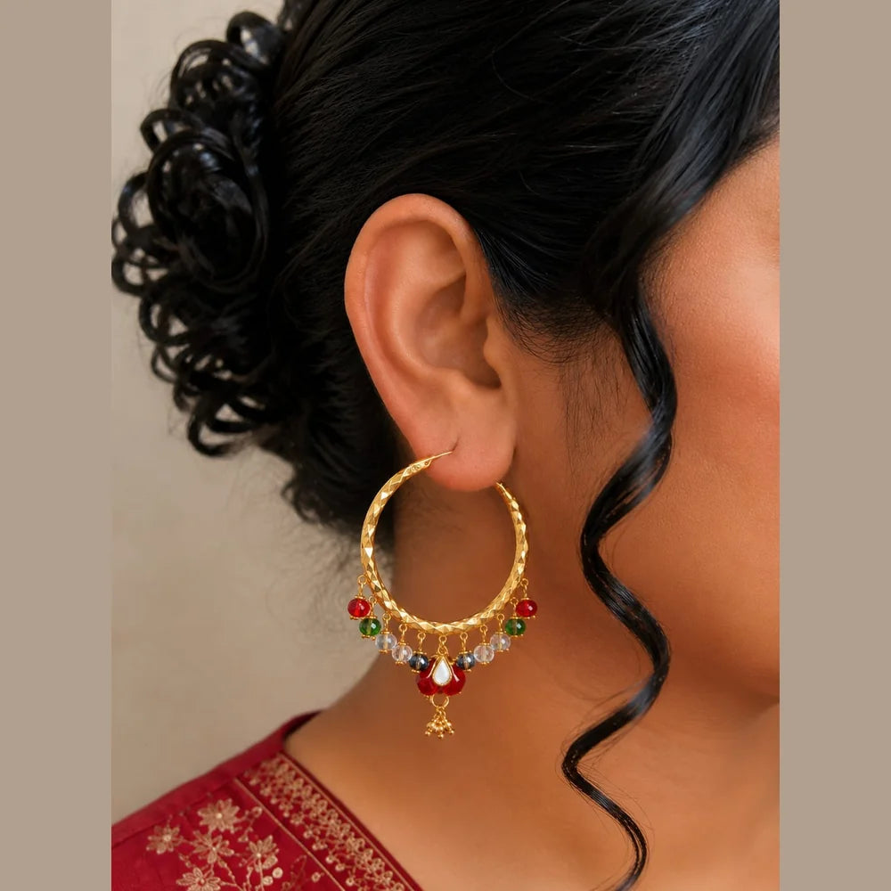ZHome Daily Wear Gold Finish Hoop Earrings with Multicolour Crystal Drops (1.5 Inch)