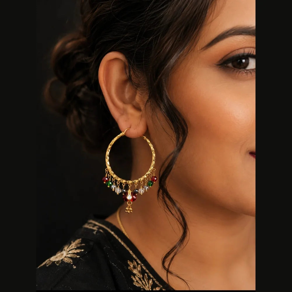 ZHome Daily Wear Gold Finish Hoop Earrings with Multicolour Crystal Drops (1.5 Inch)