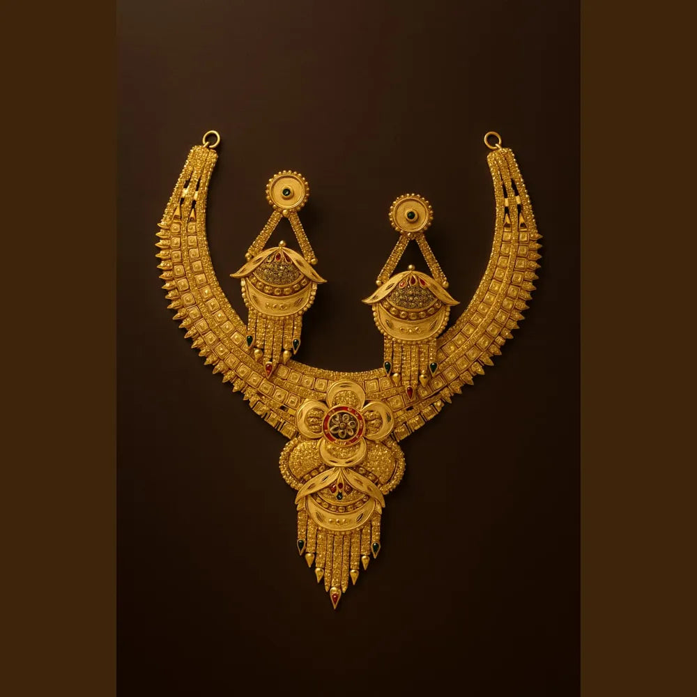 Royal Bridal Temple Jewellery Set – Matte Gold Finish Necklace with Long Chandbali Earrings