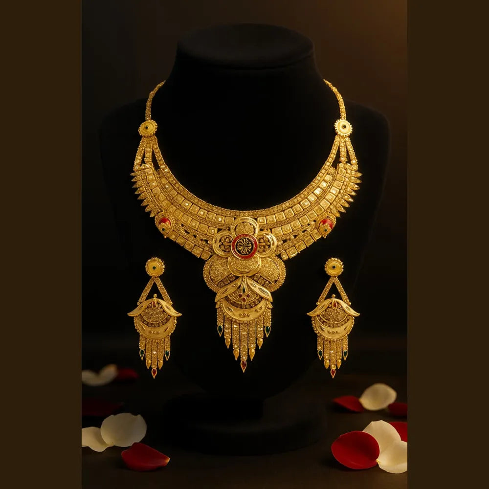 Royal Bridal Temple Jewellery Set – Matte Gold Finish Necklace with Long Chandbali Earrings