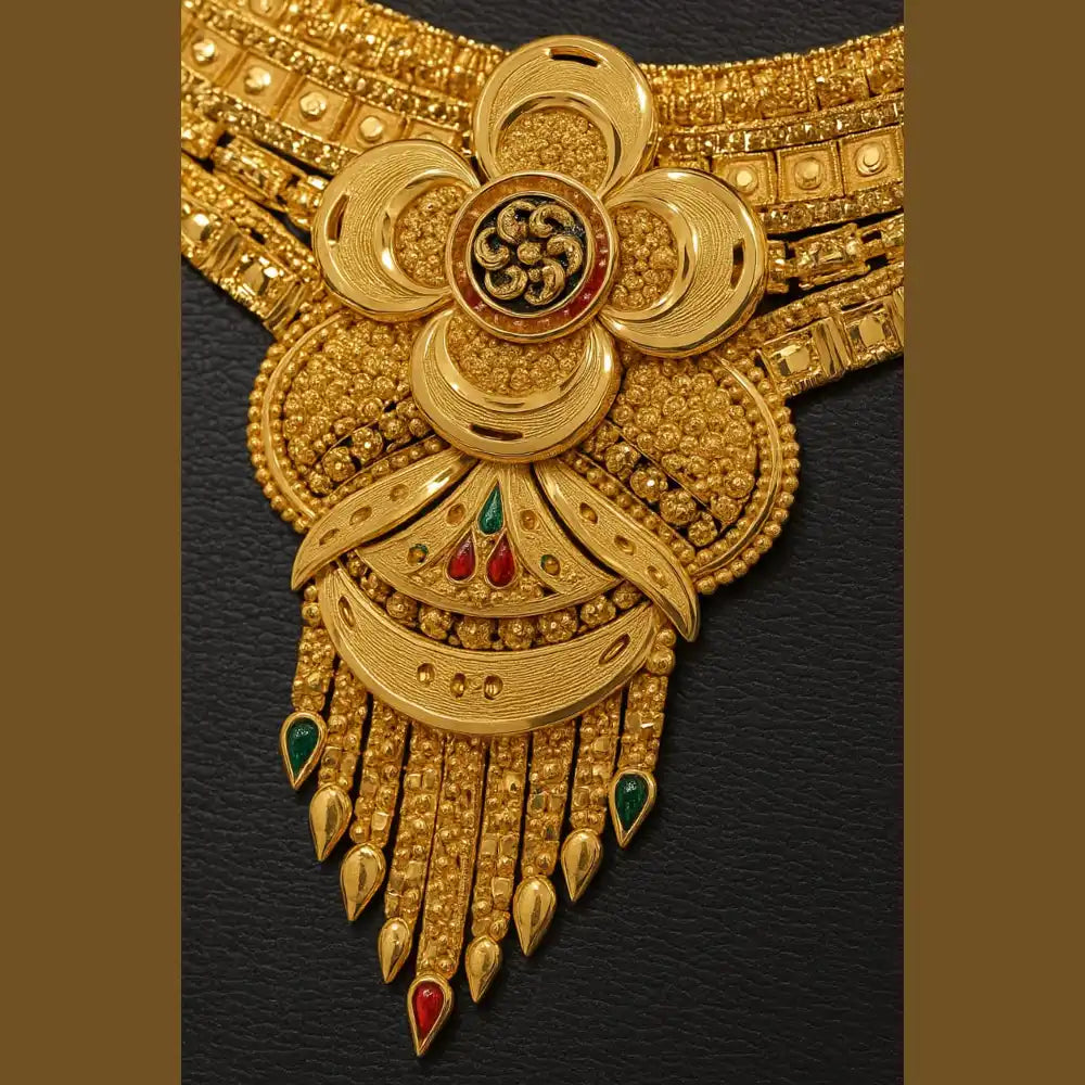 Royal Bridal Temple Jewellery Set – Matte Gold Finish Necklace with Long Chandbali Earrings