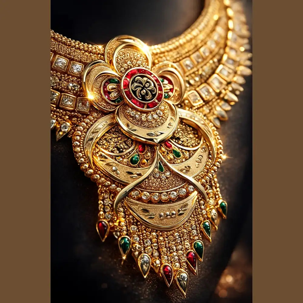 Royal Bridal Temple Jewellery Set – Matte Gold Finish Necklace with Long Chandbali Earrings