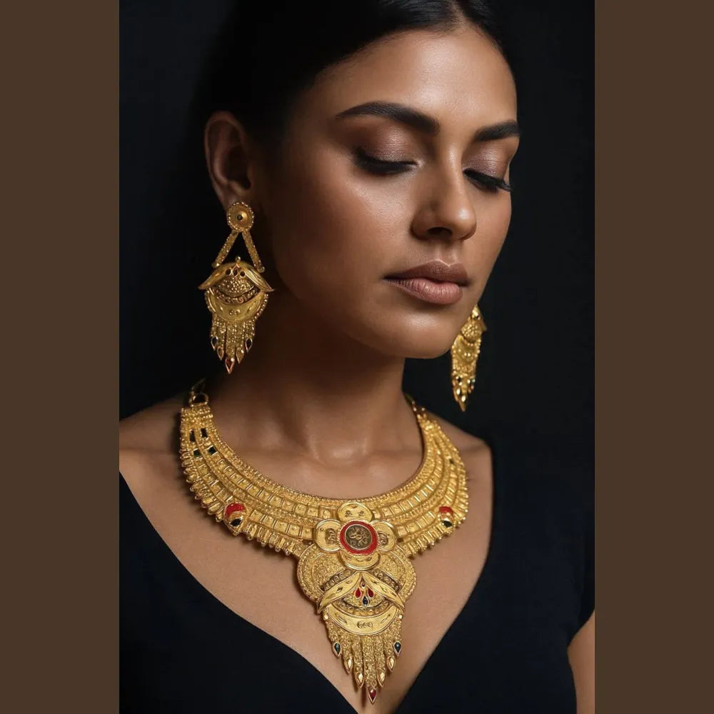 Royal Bridal Temple Jewellery Set – Matte Gold Finish Necklace with Long Chandbali Earrings