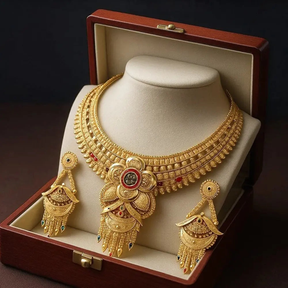 Royal Bridal Temple Jewellery Set – Matte Gold Finish Necklace with Long Chandbali Earrings