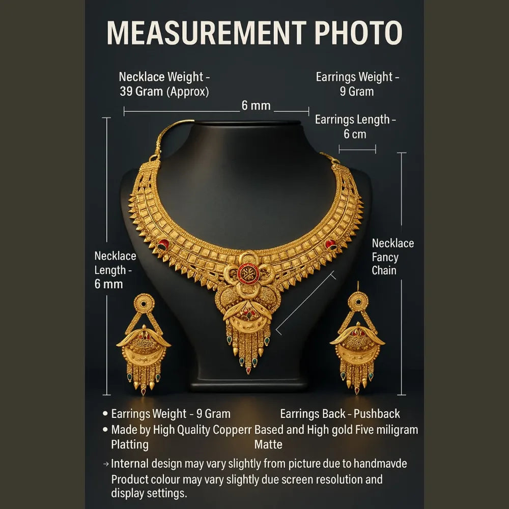 Royal Bridal Temple Jewellery Set – Matte Gold Finish Necklace with Long Chandbali Earrings