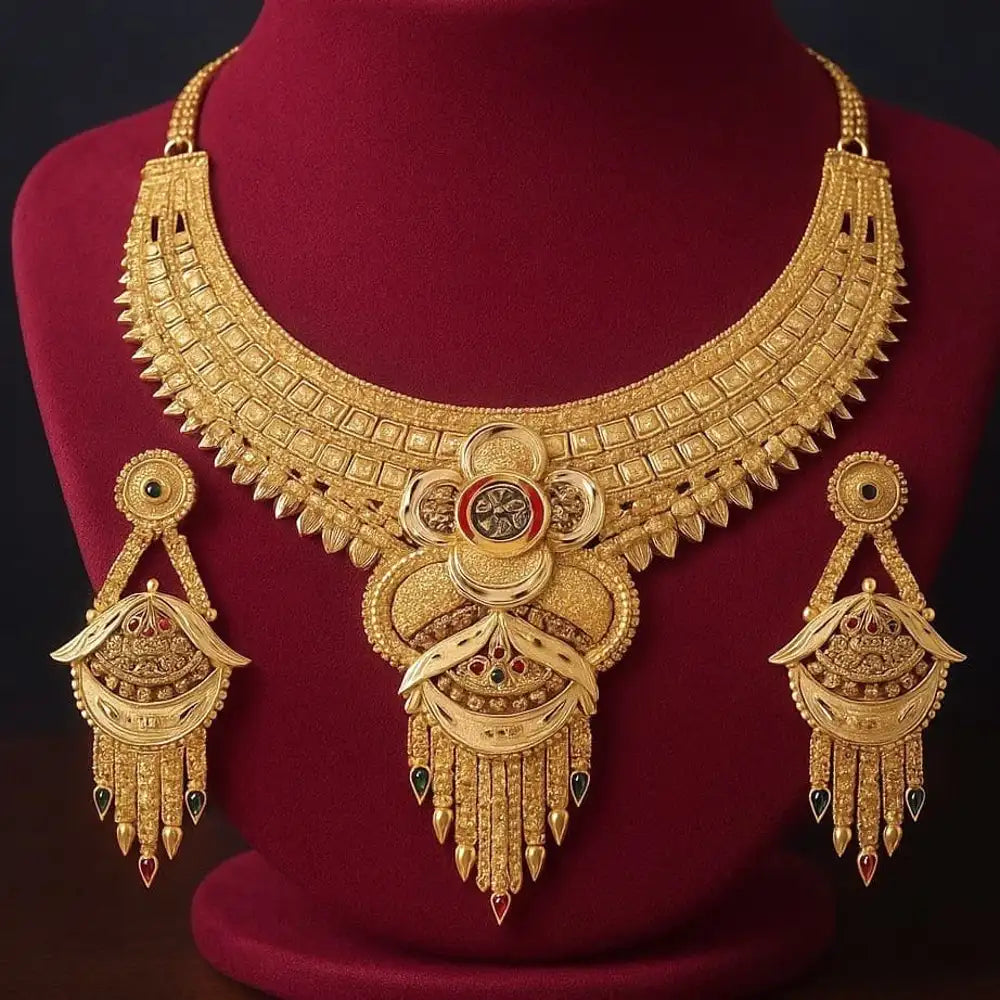 Royal Bridal Temple Jewellery Set – Matte Gold Finish Necklace with Long Chandbali Earrings