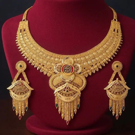 Royal Bridal Temple Jewellery Set – Matte Gold Finish Necklace with Long Chandbali Earrings