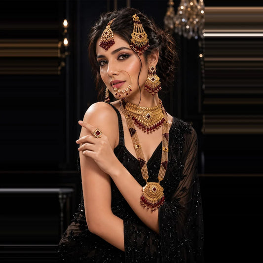 Exclusive Maroon Crystal Beads & Gold Finish Bridal Combo Jewellery Set (Choker + Long Necklace + Earrings + Maangtika + Pasa + Nath)