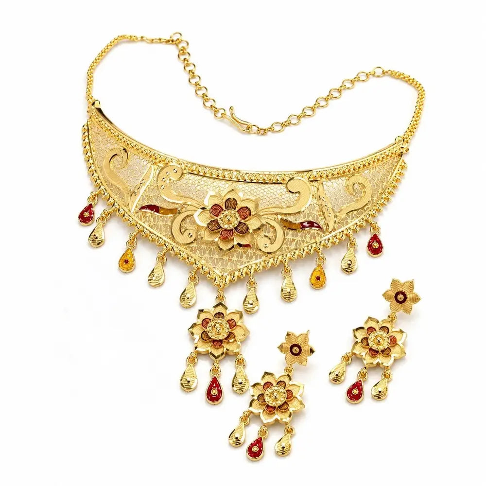 Exclusive Onegram Gold Choker Jewellery Set with Earrings | Matte–Glossy Finish | Handmade Copper-Based