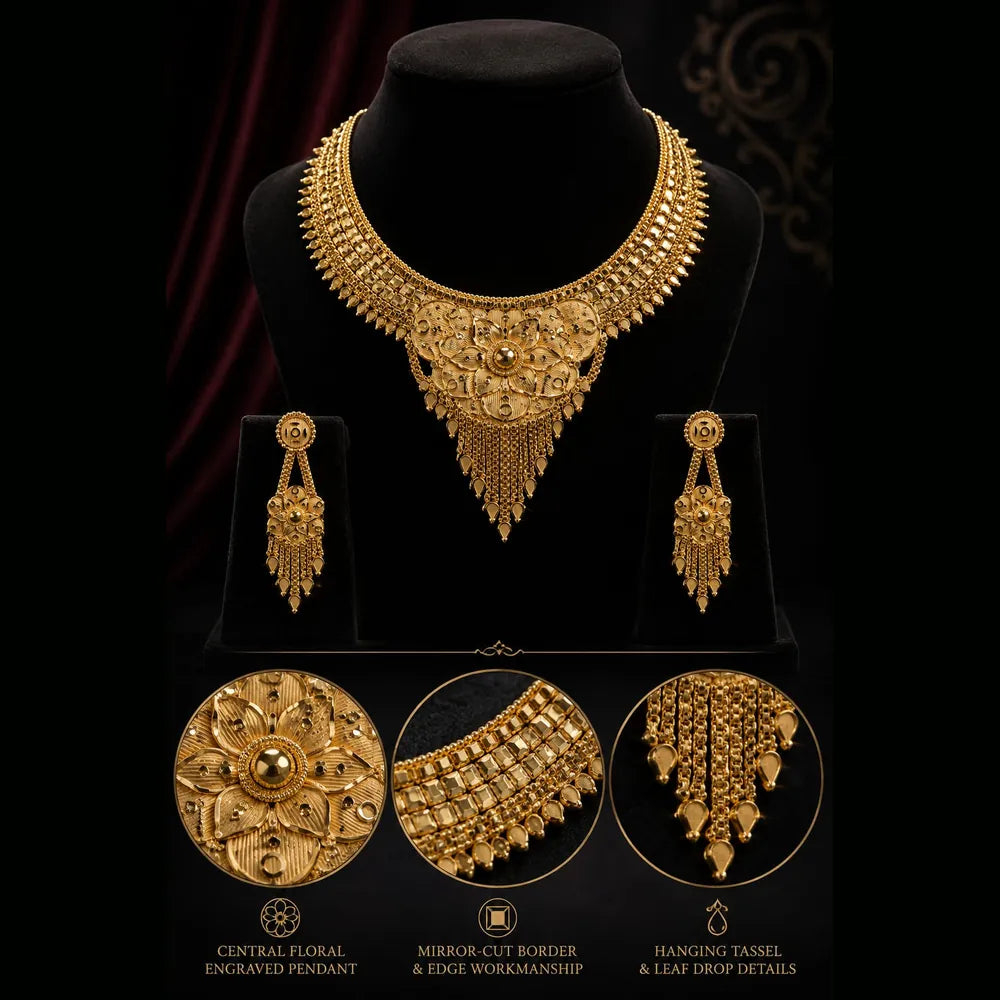 ZHome Exclusive Short Heavy Gold Finish Necklace Set – Pure Handmade Partywear Jewellery