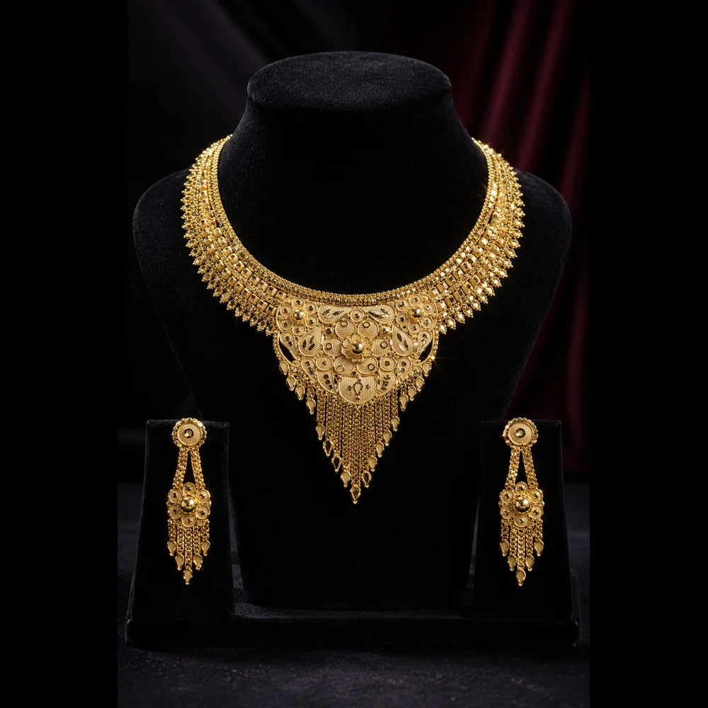 ZHome Exclusive Short Heavy Gold Finish Necklace Set – Pure Handmade Partywear Jewellery