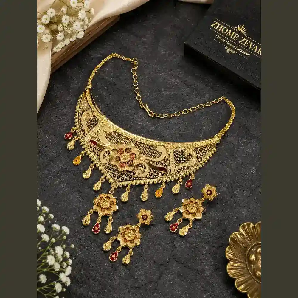 Exclusive Onegram Gold Choker Jewellery Set with Earrings | Matte–Glossy Finish | Handmade Copper-Based