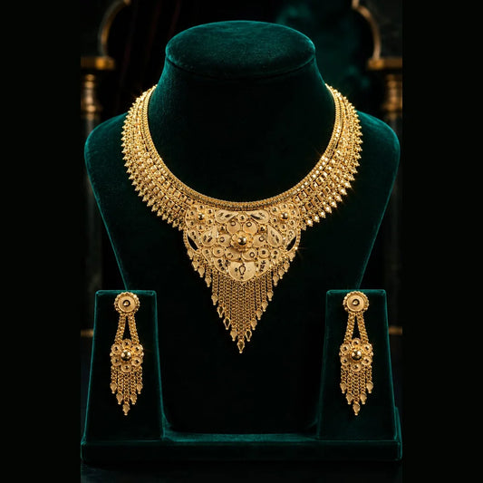 ZHome Exclusive Short Heavy Gold Finish Necklace Set – Pure Handmade Partywear Jewellery
