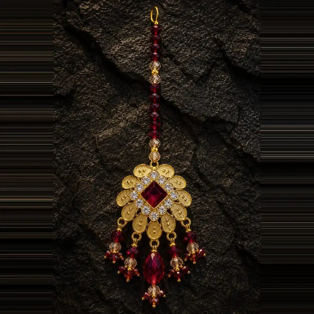 Exclusive Maroon Crystal Beads & Gold Finish Bridal Combo Jewellery Set (Choker + Long Necklace + Earrings + Maangtika + Pasa + Nath)