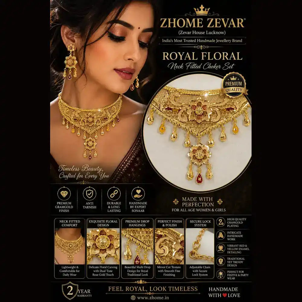 Exclusive Onegram Gold Choker Jewellery Set with Earrings | Matte–Glossy Finish | Handmade Copper-Based