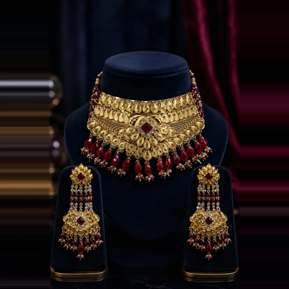 Exclusive Maroon Crystal Beads & Gold Finish Bridal Combo Jewellery Set (Choker + Long Necklace + Earrings + Maangtika + Pasa + Nath)
