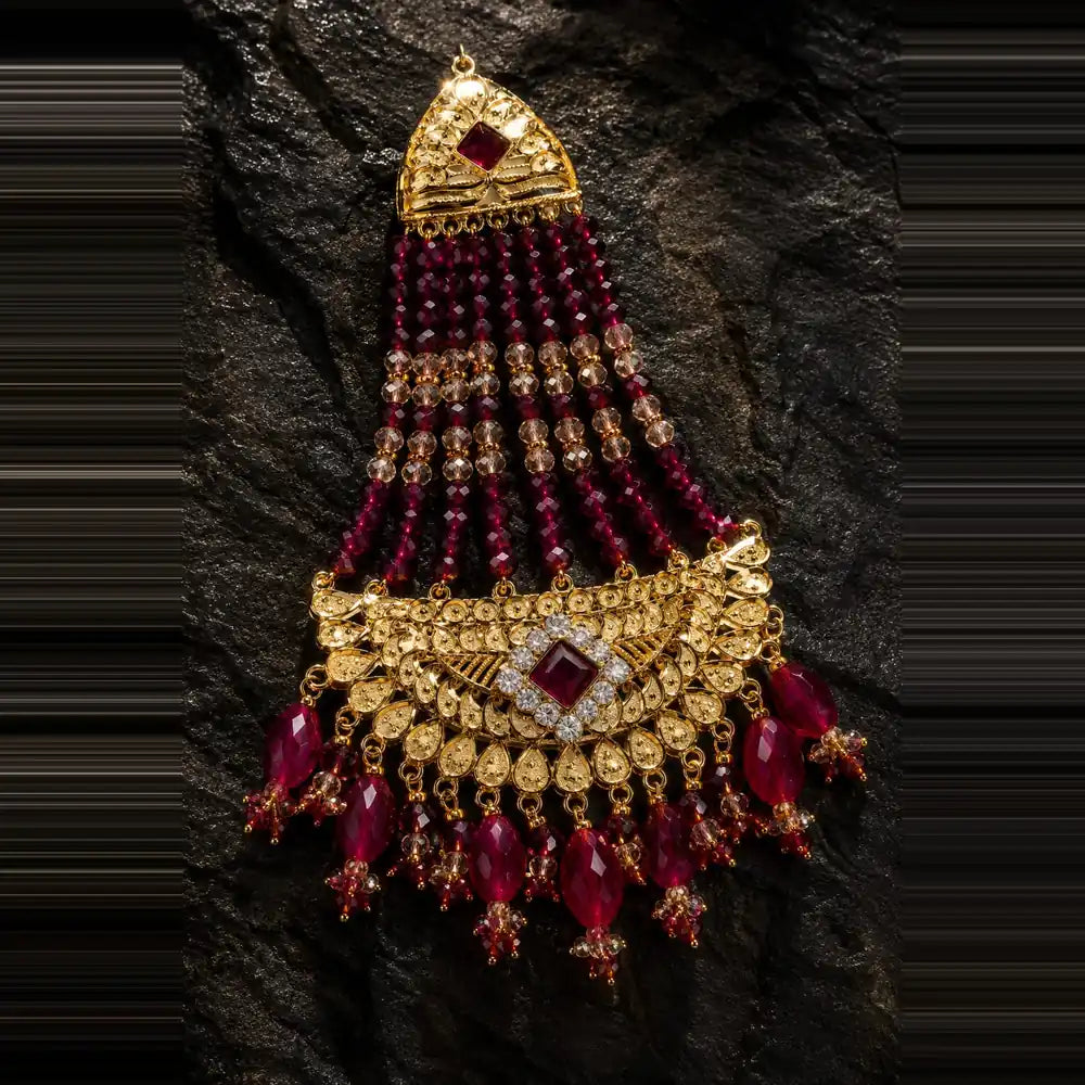 Exclusive Maroon Crystal Beads & Gold Finish Bridal Combo Jewellery Set (Choker + Long Necklace + Earrings + Maangtika + Pasa + Nath)
