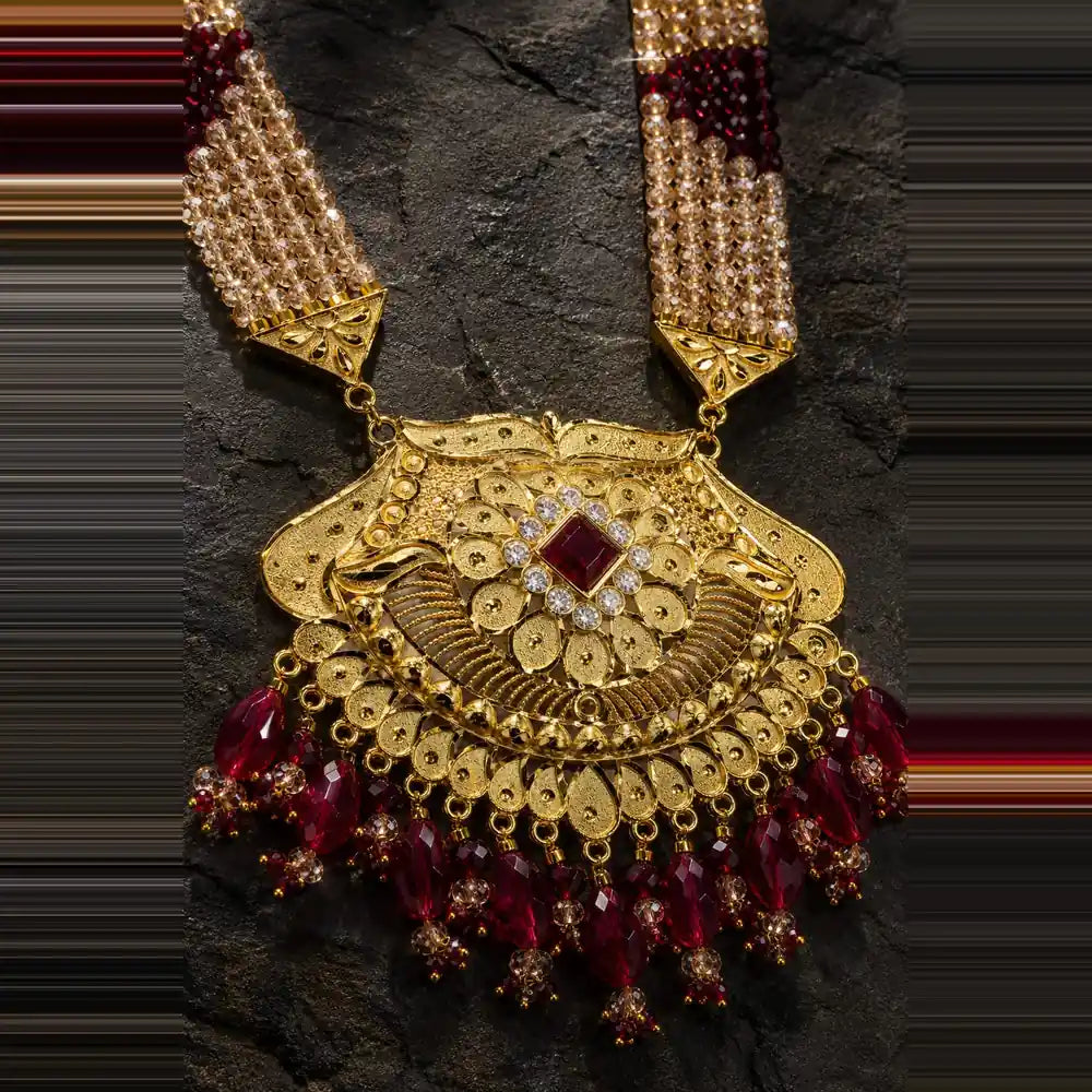 Exclusive Maroon Crystal Beads & Gold Finish Bridal Combo Jewellery Set (Choker + Long Necklace + Earrings + Maangtika + Pasa + Nath)