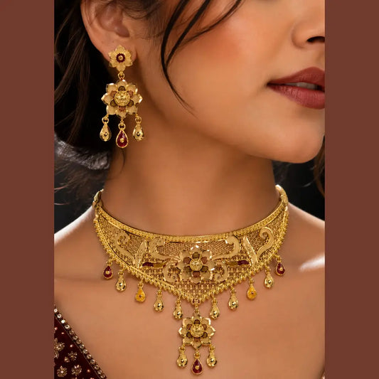 Exclusive Onegram Gold Choker Jewellery Set with Earrings | Matte–Glossy Finish | Handmade Copper-Based