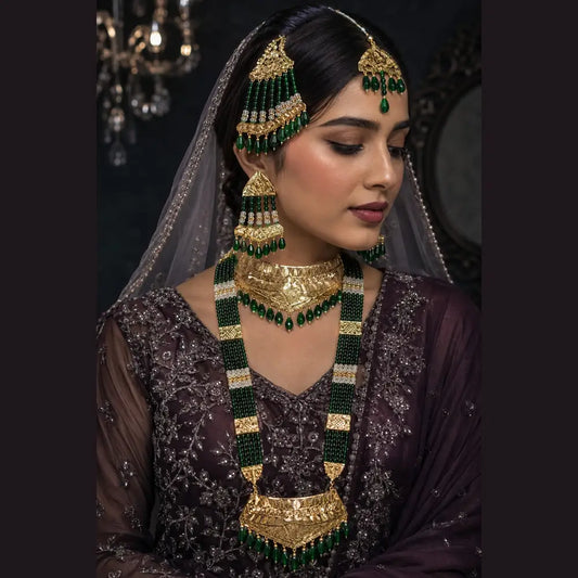 Gold Plated Green Bridal Necklace Set with Earrings