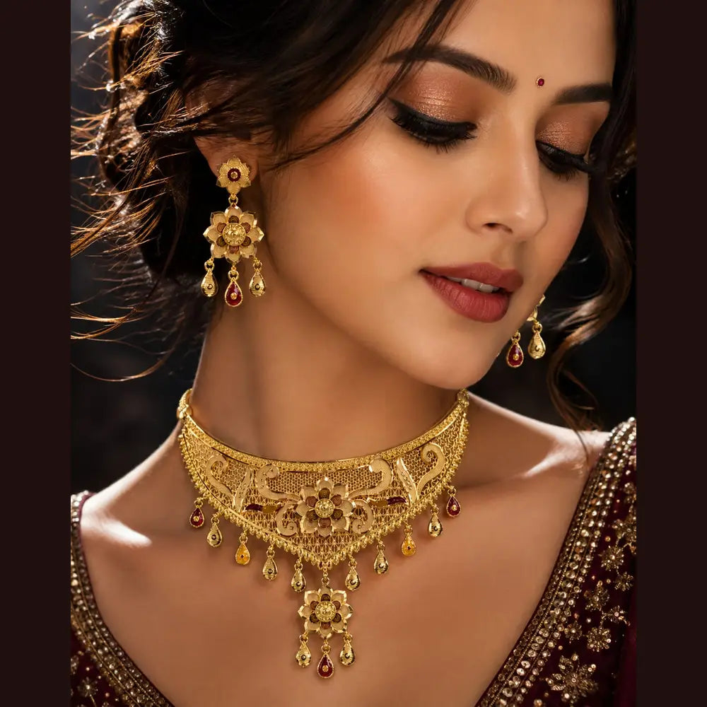 Exclusive Onegram Gold Choker Jewellery Set with Earrings | Matte–Glossy Finish | Handmade Copper-Based