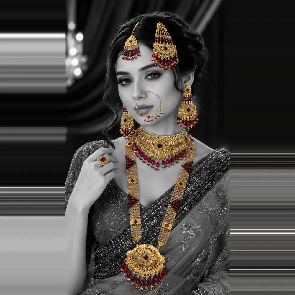 Exclusive Maroon Crystal Beads & Gold Finish Bridal Combo Jewellery Set (Choker + Long Necklace + Earrings + Maangtika + Pasa + Nath)