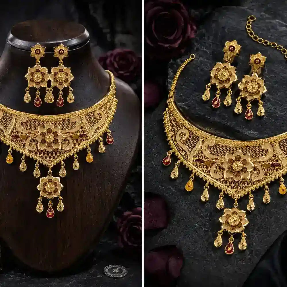 Exclusive Onegram Gold Choker Jewellery Set with Earrings | Matte–Glossy Finish | Handmade Copper-Based