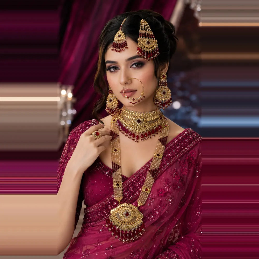 Exclusive Maroon Crystal Beads & Gold Finish Bridal Combo Jewellery Set (Choker + Long Necklace + Earrings + Maangtika + Pasa + Nath)