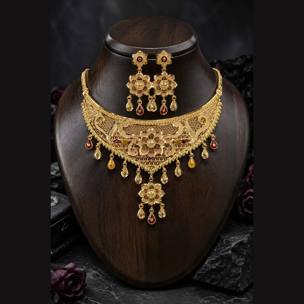 Exclusive Onegram Gold Choker Jewellery Set with Earrings | Matte–Glossy Finish | Handmade Copper-Based