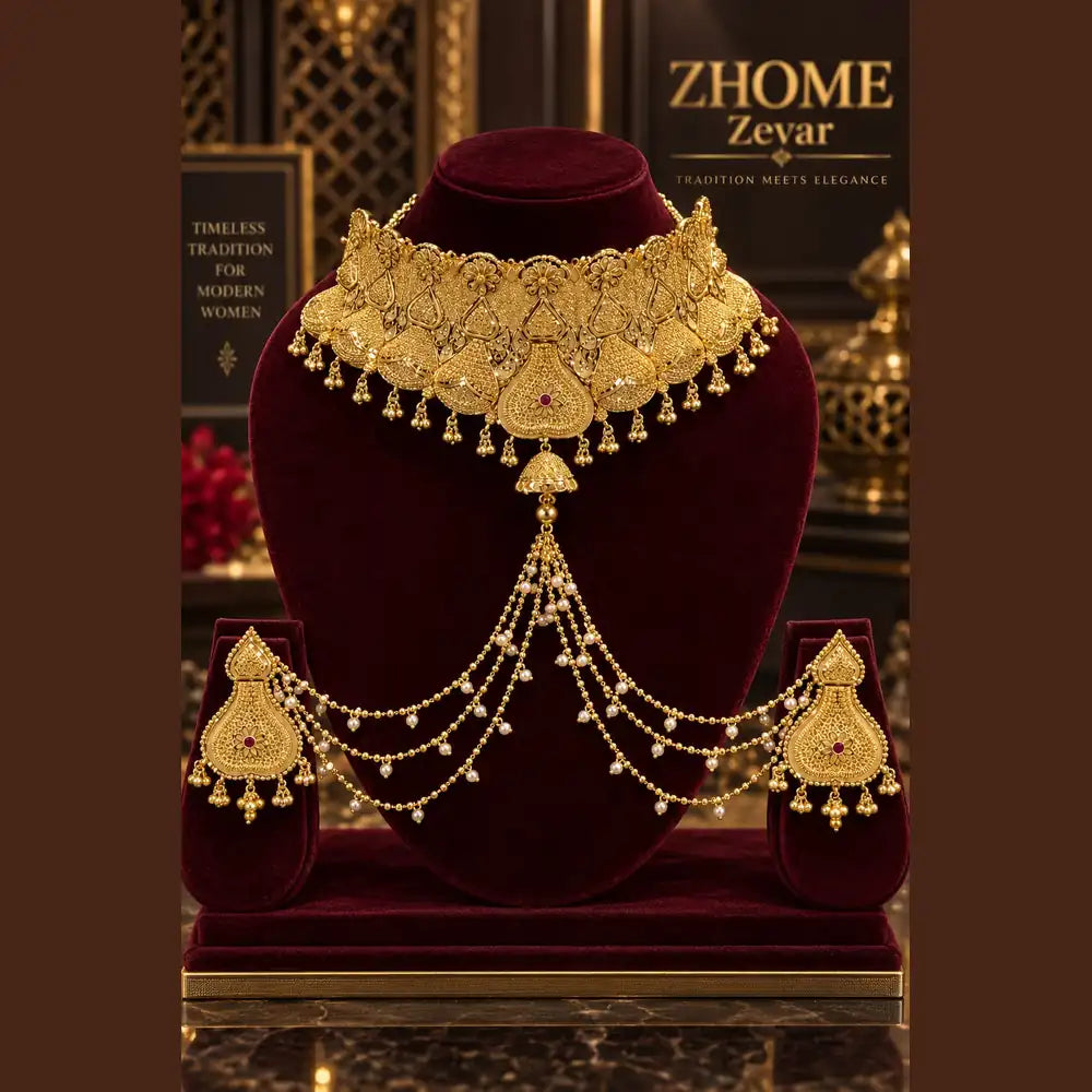 Gold plated traditional Indian necklace and mangalsutra jewellery set for women by ZHOME