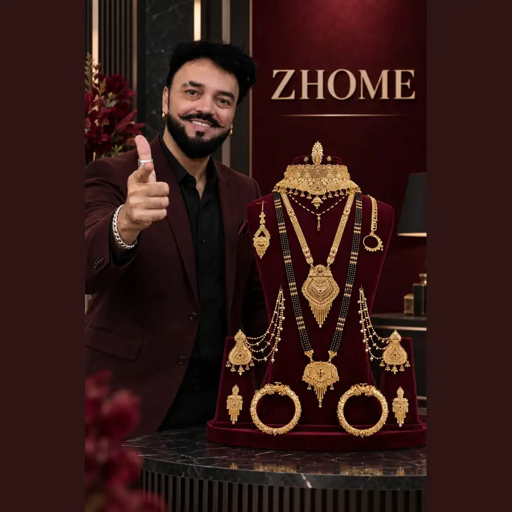 Gold plated traditional Indian necklace and mangalsutra jewellery set for women by ZHOME