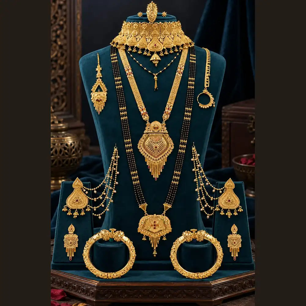Gold plated traditional Indian necklace and mangalsutra jewellery set for women by ZHOME