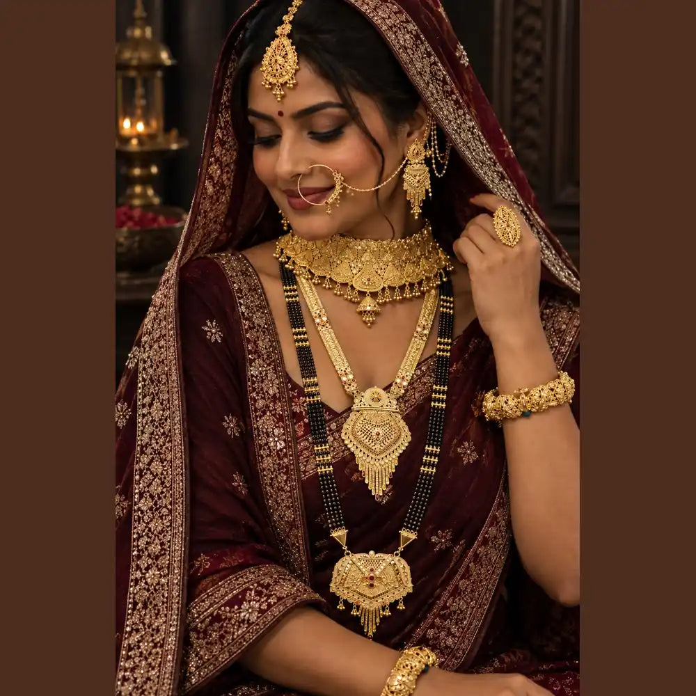 Gold plated traditional Indian necklace and mangalsutra jewellery set for women by ZHOME