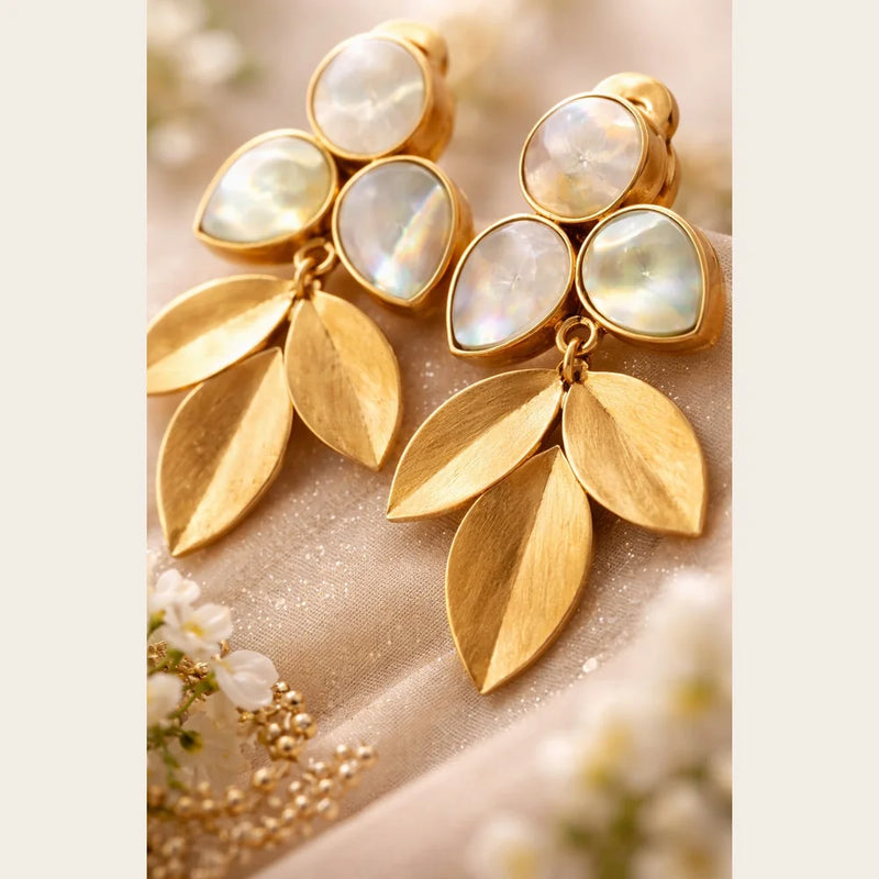 ZHome Handmade Gold Plated Natural Stone Leaf Drop Earrings for Women
